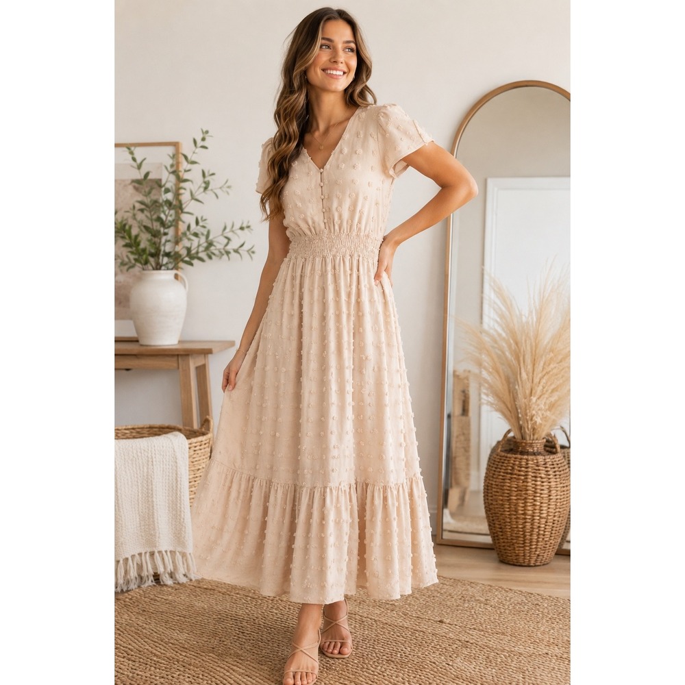 PrettyGarden Women Beige Swiss Dot Smocked Waist V-Neck Ruffle Midi Dress Medium